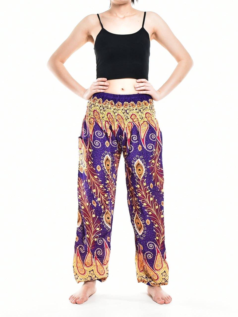 Bohotusk Purple Peacocks Eye Elasticated Smocked Waist Womens Harem Pants S/M Only