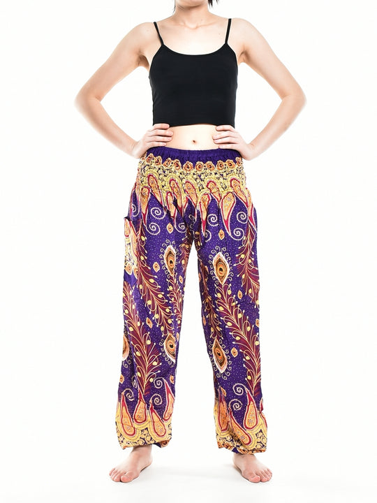 Bohotusk Purple Peacocks Eye Elasticated Smocked Waist Womens Harem Pants S/M Only