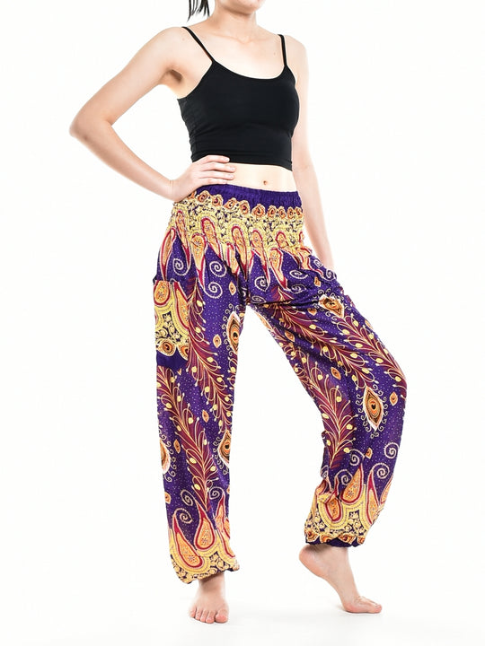 Bohotusk Purple Peacocks Eye Elasticated Smocked Waist Womens Harem Pants S/M Only