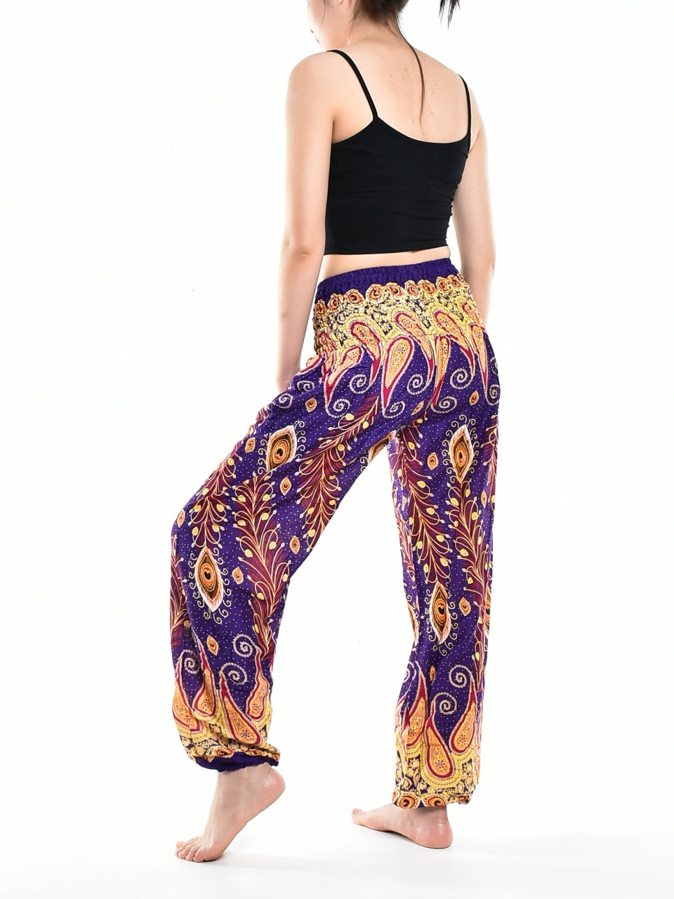 Bohotusk Purple Peacocks Eye Elasticated Smocked Waist Womens Harem Pants S/M Only