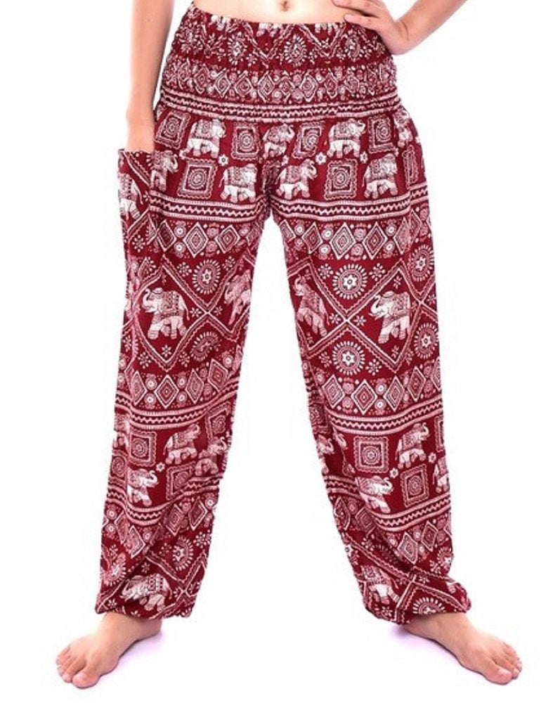 Bohotusk Kids Red Elephant Print Elasticated Smocked Waist Harem Pants (9 - 12 Years)