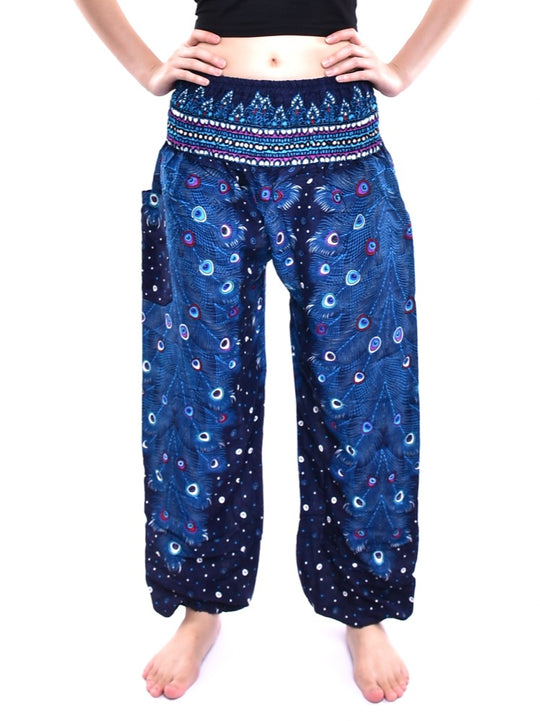 Bohotusk Blue Peacock Print Elasticated Smocked Waist Womens Harem Pants S/M