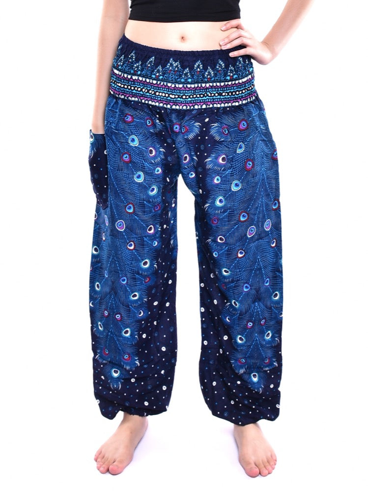 Bohotusk Blue Peacock Print Elasticated Smocked Waist Womens Harem Pants S/M