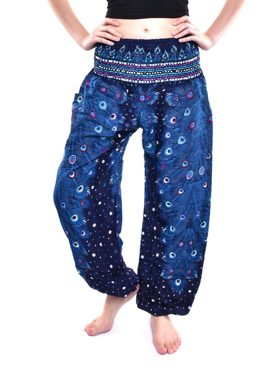 Bohotusk Blue Peacock Print Elasticated Smocked Waist Womens Harem Pants S/M