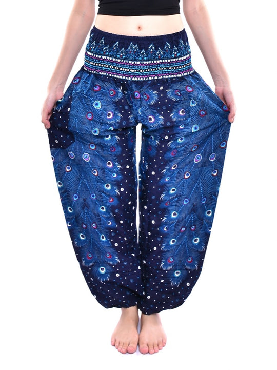 Bohotusk Blue Peacock Print Elasticated Smocked Waist Womens Harem Pants S/M