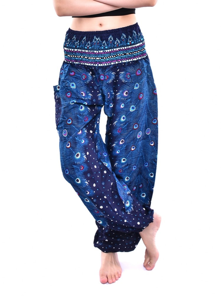 Bohotusk Blue Peacock Print Elasticated Smocked Waist Womens Harem Pants S/M