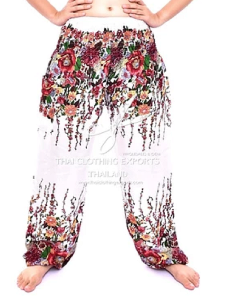 Bohotusk White Floral Print Elasticated Smocked Waist Womens Harem Pants S/M