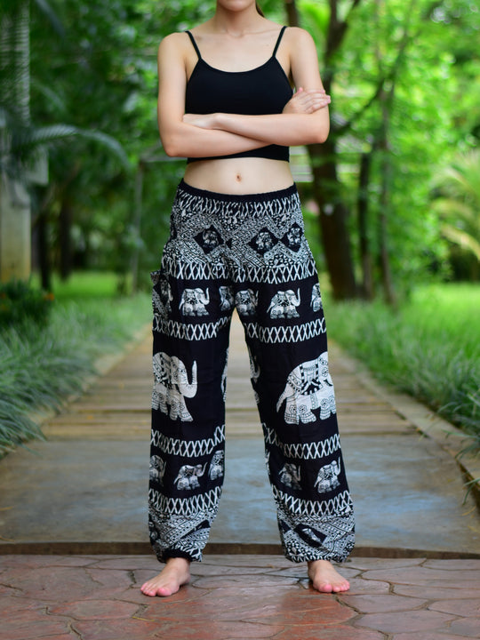 Bohotusk Black Elephant Bull Print Elasticated Smocked Waist Womens Harem Pants S/M to LXL