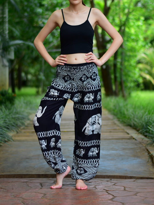 Bohotusk Black Elephant Bull Print Elasticated Smocked Waist Womens Harem Pants S/M to LXL