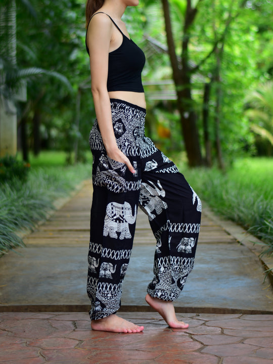 Bohotusk Black Elephant Bull Print Elasticated Smocked Waist Womens Harem Pants S/M to LXL