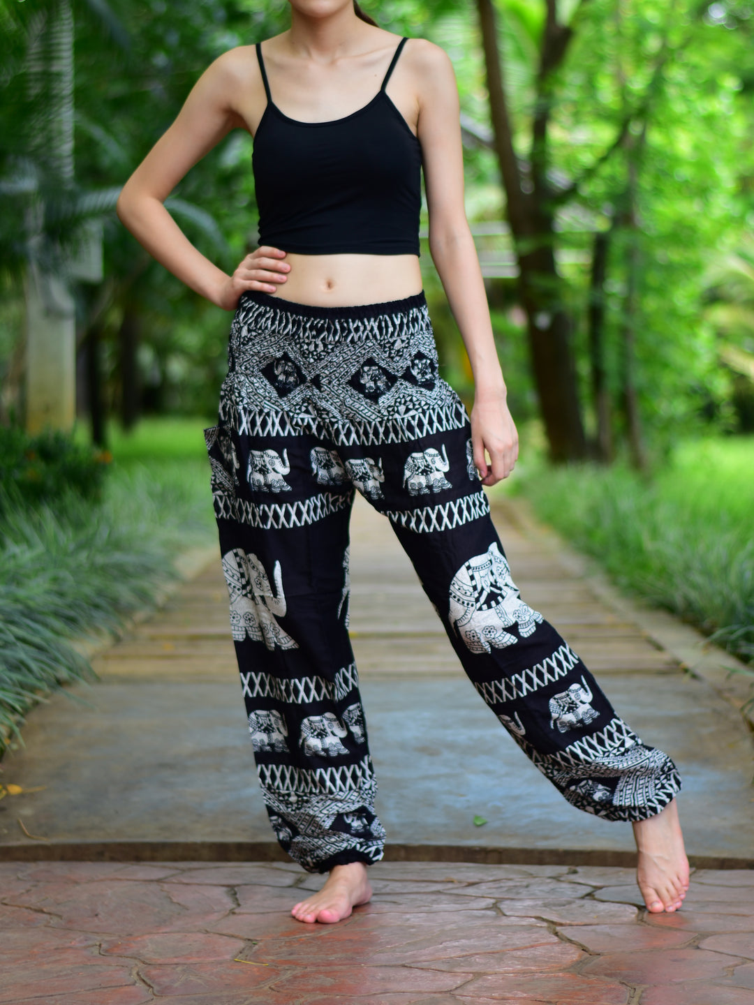 Bohotusk Black Elephant Bull Print Elasticated Smocked Waist Womens Harem Pants S/M to LXL