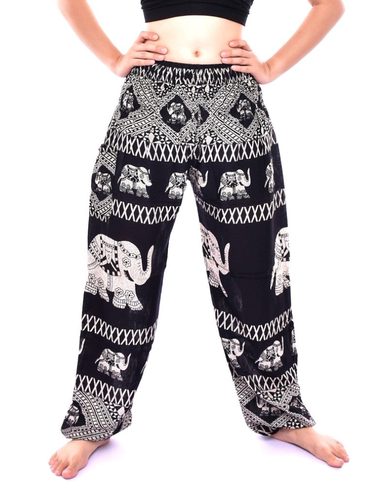 Bohotusk Black Elephant Bull Print Elasticated Smocked Waist Womens Harem Pants S/M to LXL