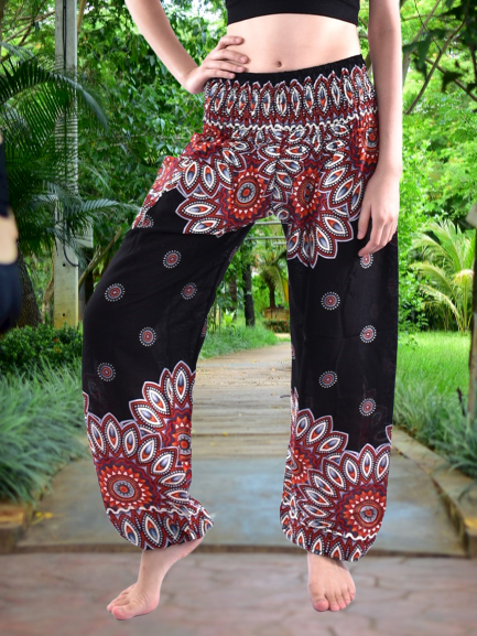 Bohotusk Black Thai Flower Print Elasticated Smocked Waist Womens Harem Pants S/M Only