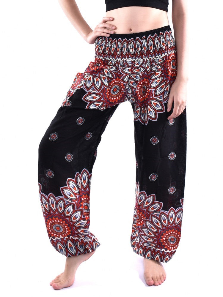 Bohotusk Black Thai Flower Print Elasticated Smocked Waist Womens Harem Pants S/M Only