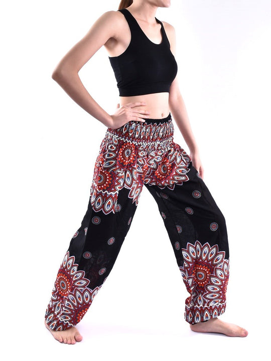 Bohotusk Black Thai Flower Print Elasticated Smocked Waist Womens Harem Pants S/M Only