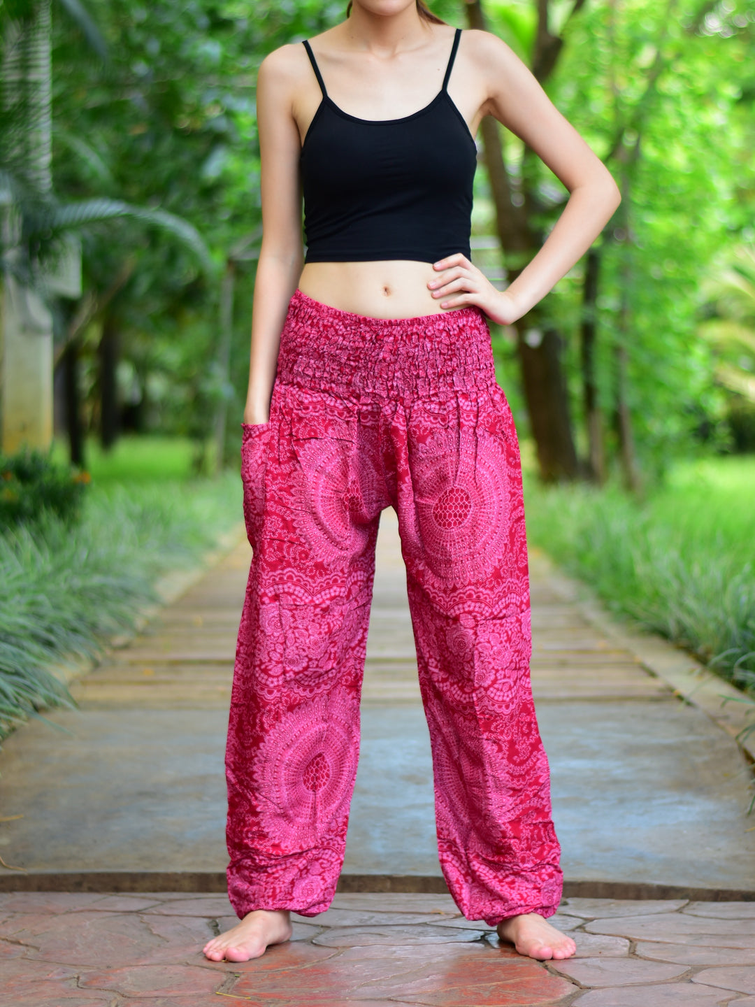 Bohotusk Red Night Glow Print Elasticated Smocked Waist Womens Harem Pants S/M to L/XL