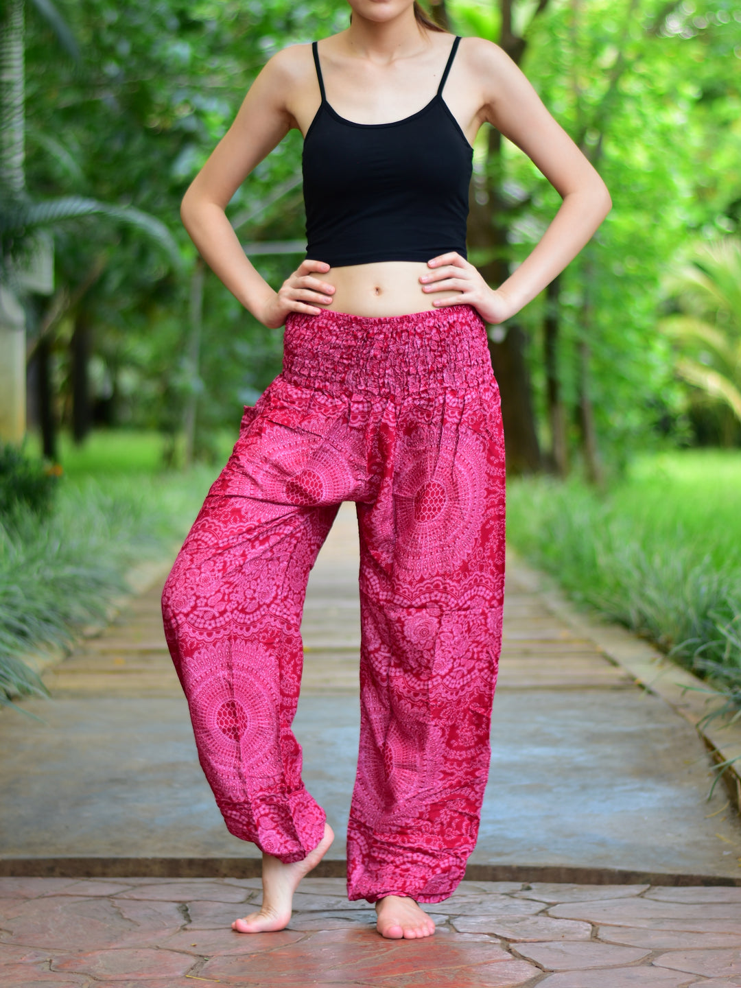 Bohotusk Red Night Glow Print Elasticated Smocked Waist Womens Harem Pants S/M to L/XL