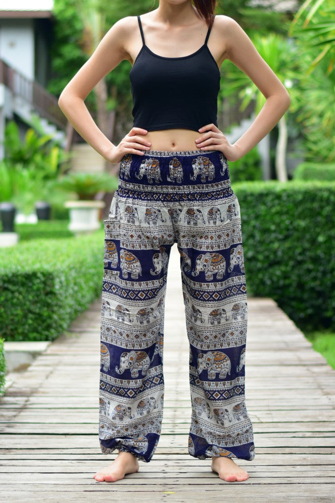 Bohotusk Navy Blue Elephant Savannah Print Elasticated Smocked Waist Womens Harem Pants S/M to LXL