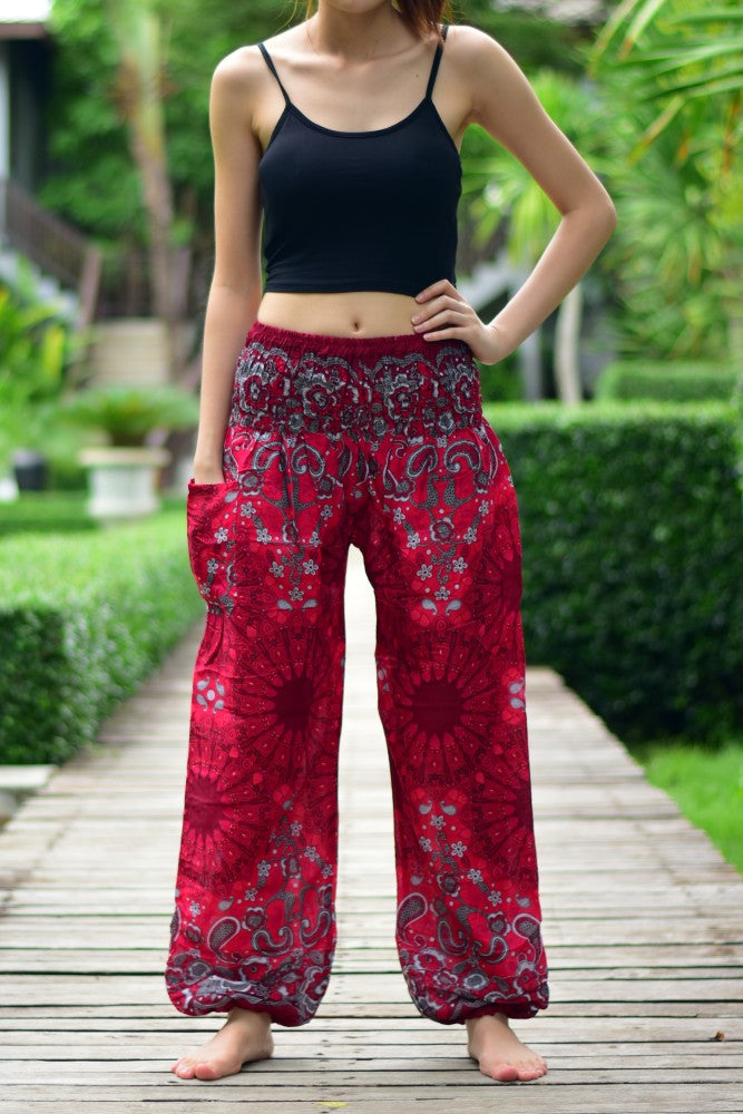 Bohotusk Red Ink Splash Print Elasticated Smocked Waist Womens Harem Pants S/M to LXL