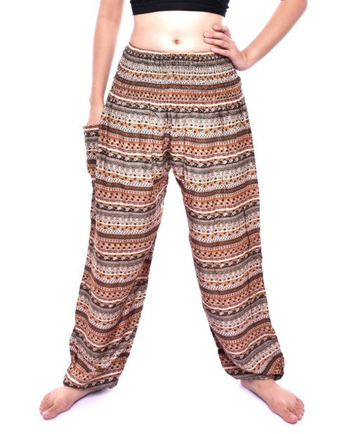 Bohotusk Brown Chill Stripe Print Elasticated Smocked Waist Womens Harem Pants S/M Only