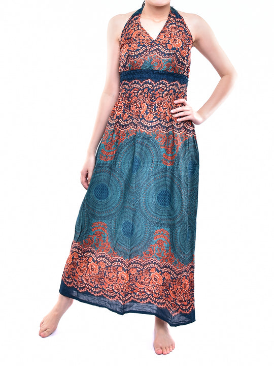 Bohotusk Dark Teal Aztec Print Tie Neck Maxi Dress