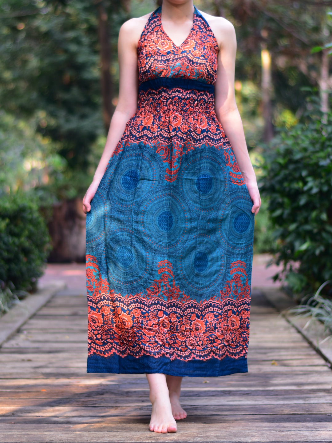 Bohotusk Dark Teal Aztec Print Tie Neck Maxi Dress