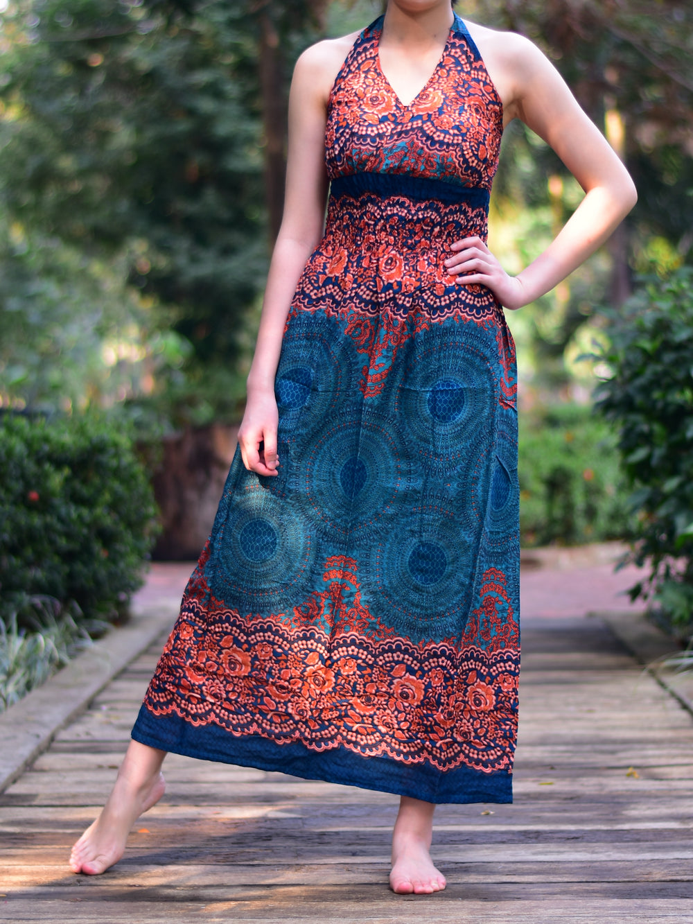 Bohotusk Dark Teal Aztec Print Tie Neck Maxi Dress