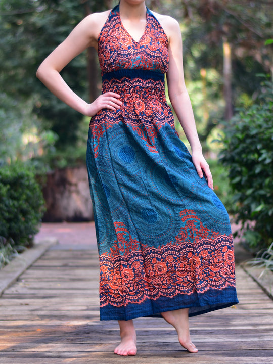 Bohotusk Dark Teal Aztec Print Tie Neck Maxi Dress