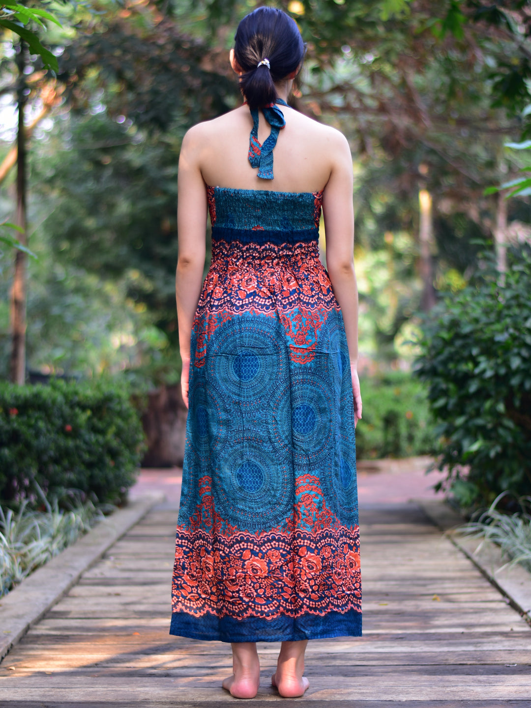 Bohotusk Dark Teal Aztec Print Tie Neck Maxi Dress