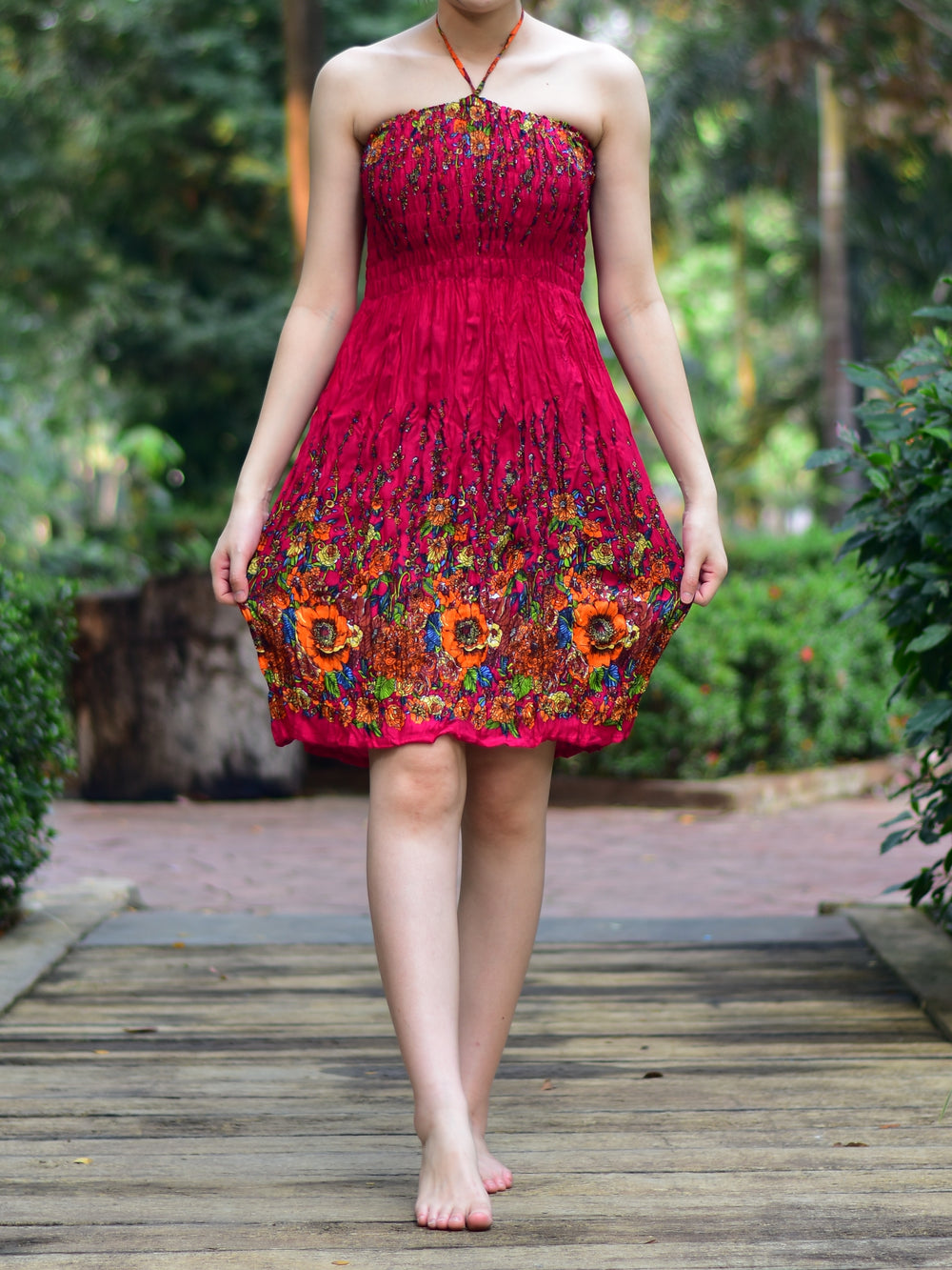 Bohotusk Dark Red Floral Print Short Mini Tube Dress With Tie Neck